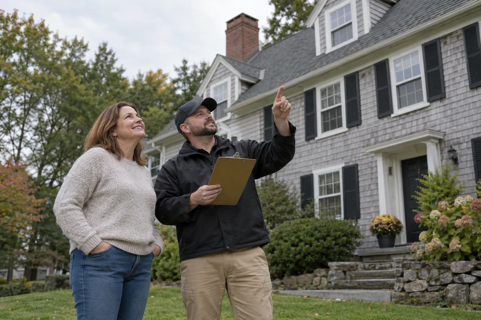 A homeowner talking with a roofing provider about roof options in the Hammonton area